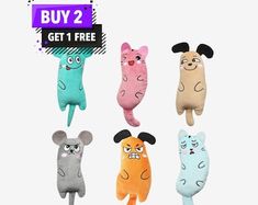 five stuffed animals are in different colors and sizes