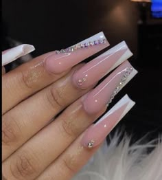 White Nails Acrylic Rhinestones, White N Pink Nails, Birthday French Tip Nails, White Acrylic Nails Ideas, V Shaped French Tip Nails, Long White Acrylic Nails, French Tip With Rhinestones, Pink Rhinestone Nails, Pink And White Acrylic Nails