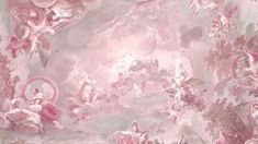 an artistic pink and white painting with angels in the sky above it, on a wall