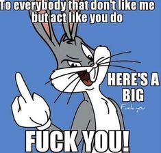 a cartoon rabbit pointing at something with the caption that says, to everybody that don't like me but act like you do here's a big f