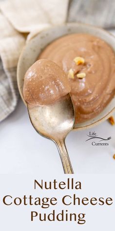 nutella cottage cheese pudding in a bowl with a spoon on the side and text overlay that reads, nutella cottage cheese pudding