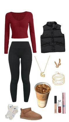 winter outfit red top leggings for getting coffee, cold outfit, winter outfit Cold Outfit, Outfit Red, Outfit Winter, Red Top, Winter Outfit, Leggings, Coffee, Red