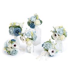 PRICES MAY VARY. This is a set of 6 pre-made simple floral arrangements for wedding reception table centerpieces and bridesmaids. 3 flowers per table. Vase not included Each floral centerpiece measures 8.5" tall by 6" across The flower stem was nicely wrapped with ivory satin ribbon and a lovely bow was added. It's about 4" tall and 0.5" thick, and can be mini bridesmaid bouquets or easily fit into any simple centerpieces container like mason jars, bud vases, glass vases, etc Artificial flowers Wedding Table Centerpiece Blush And Dusty Blue, Floral Arrangements For Wedding, Floral Wedding Centerpieces, Small Bridesmaid Bouquets, Blue Wedding Receptions, Reception Table Centerpieces, Light Blue Roses, Reception Table Decorations, Bridesmaid Bouquets