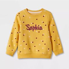 Toddler Embroidered Crewneck Sweatshirt for girl  Kids Personalized Name Baby Pink Sweatshirt Personalized Toddler Gift Gift For Toddler , Toddler Girls' Fleece Pullover Sweatshirt FOR  MORE COLOR PLEASE VISIT SWEATSHIRTS SECTION https://www.etsy.com/shop/xpressgifts?ref=seller-platform-mcnav&section_id=40631527 Let your little one welcome cool weather with fun colors and prints with this Fleece Pullover Sweatshirt . Boasting a soft fleece construction, this long-sleeve pullover sweatshirt offers them cozy comfort, and is designed with banded cuffs and a banded hem for a snug fit. Featuring fun prints, it makes a great pairing with a variety of their bottoms. Have them layer it over a variety of tees or dresses for cozy comfort during cool weather. Sizing: Toddler Material: 52% Cotton, 48% Yellow Letter Print Long Sleeve Sweater, Cute Yellow Long Sleeve Sweatshirt, Yellow Long Sleeve Sweater With Letter Print, Cute Yellow Sweatshirt For Fall, Cute Yellow Crew Neck Sweatshirt, Cute Long Sleeve Embroidered T-shirt, Cute Yellow Long Sleeve Sweater, Playful Crew Neck Top With Name Print, Cotton Letter Print Sweatshirt