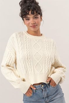 Cable knit balloon sleeve sweater in cream Sizes S, M and L Fabric: 83% acrylic, 15% polyester, 2% spandex Balloon Sleeve Sweater, Cards Sign, Sweater Sleeves, Sleeve Sweater, Cable Knit, Athleisure, Jumpsuit Romper, Balloons, Cable