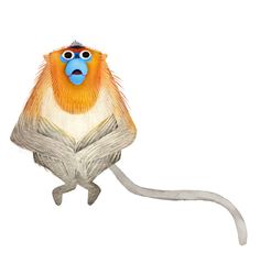 a drawing of a monkey with an orange and blue face sitting on its hind legs