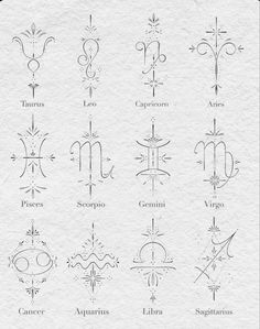 an image of zodiac signs and their meanings in white paper with black ink on it