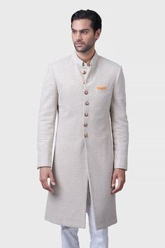 Beige silk achkan with thread embroidered floral patterns embellished with sequins. - Aza Fashions Achkan For Men, Jodhpur, Mandarin Collar, Embroidered Silk, Aza Fashion, Custom Made, Floral Pattern, Types Of Sleeves, Collar