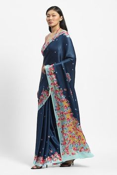 Cobalt blue saree with French rose print all over. Comes with running blouse. - Aza Fashions Blue Silk Pre-draped Saree With Floral Embroidery, Blue Pre-draped Saree With Printed Border, Blue Pre-draped Saree With Floral Print, Blue Floral Print Saree For Diwali, Diwali Blue Floral Print Saree, Blue Floral Pre-draped Saree For Festive Occasions, Blue Floral Print Saree With Traditional Drape, Fitted Blue Saree With Printed Motifs, Blue Pre-draped Saree With Printed Motifs For Festive Occasions