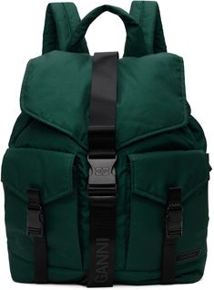 Recycled polyester taffeta backpack in green. · Carry handle · Adjustable padded shoulder straps · Press-release flap pockets · Rubberized logo patch at face · Cinch strap at sides · Logo-bonded press-release flap · Drawstring closure · Zip pocket at interior · Fully lined · Logo-engraved black hardware · H16.5 x W14.5 x D5 Supplier color: Forest night Green Functional Backpack With Multiple Pockets, Sporty Green Backpack With Adjustable Strap, Functional Green Backpack With Multiple Pockets, Green Nylon Backpack With Pockets, Green Nylon Bag With Multiple Pockets, Green Nylon Backpack With Functional Pockets, Functional Green Nylon Backpack, Chic Backpack, Tech Backpack