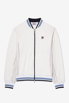 Knitted Settanta Jacket | Fila Sporty Track Jacket With Contrast Stripes For Winter, White Track Jacket With Contrast Panels For Sports, Sporty Winter Track Jacket With Contrast Stripes, Athleisure Outerwear With Contrast Stripes For Fall, Sports White Track Jacket With Contrast Panels, Athleisure Fall Outerwear With Contrast Stripes, Fall Athleisure Outerwear With Contrast Stripes, Athleisure Track Jacket With Ribbed Collar, Athleisure Track Jacket With Ribbed Collar For Sports