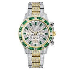 BEHOLD, THE ULTIMATE STATEMENT PIECE FOR THE MODERN MAN OF STYLE AND SUBSTANCE - THE TWO-TONE GREEN ICED OUT MEN'S WATCH! This exquisite timepiece boasts a bold, dual-tone design in shades of green that exudes an aura of confidence and sophistication. Crafted with the finest materials and meticulous attention to detail, this watch features a stunning iced out bezel that sparkles and shines with every flick of the wrist, adding a touch of glamour and luxury to any outfit. SPECIFICATIONS Case Diam Personalized Watches, Diamond Quartz, Green Diamond, Hip Hop Jewelry, Mens Luxury, Diamond Watch, Stainless Steel Band, Wristwatch Men, Steel Watch