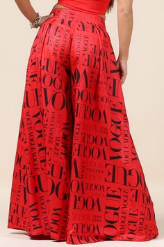 Custom red Vogue print graphic wide leg elastic waist bend (waist size: 49 inches) pocket detail skirt pants. Made in USA. Fabric: 95% Polyester, 5% Spandex color can look different depending of the light washable Model Wears Small sizes runs regular. Please see the size chart for information on the fit Red Vogue, Black Vogue, Casual Beach Wear, Printed Palazzo Pants, Red Or Black, Spandex Pants, Wide Leg Palazzo Pants, Print Graphic, Wide Pants