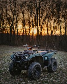 an atv is parked in the grass near trees