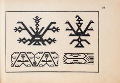 an old black and white book with designs on it's cover, including arrows