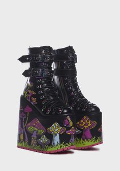 cuz step into this world with eyes wide open. These mushroom print boots have double stacked wedge platform soles, a vegan leather construction with oil slick metallic hardware, wrapped buckle straps, adjustable D-ring lace-ups, and side zip closures. 90s Platform Shoes, Goth Shoes, Lace Up Leggings, Mushroom Print, Sheath Dresses, Alencon Lace, Black Platform Boots, Boot Print