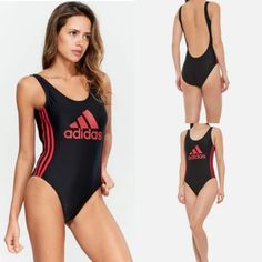 Adidas Logo One-Piece Swimsuit Nwt Black/Red Scoop Neck Low Back Three Stripes At Sides Graphic Logo Elasticized Edges Black One Pieces For Sports In Summer, Fitted Adidas Swimwear For Pool, Adidas Stretch Swimwear For Swimming, Adidas Beachwear Swimwear For Poolside, Sporty Summer One Piece, Adidas Black Swimwear For Swimming, Adidas Black Fitted Swimwear, Fitted Black Adidas Swimwear, Adidas Fitted Sleeveless Swimwear