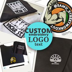 custom embroidery logos are displayed on t - shirts