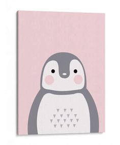 a pink and grey penguin with triangles on it's chest, against a light pink background