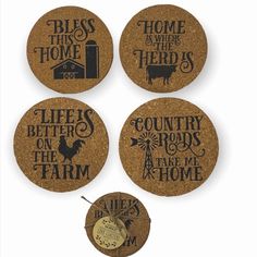 four cork coasters that say,'home is where the herd is and country roads are