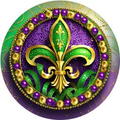 a purple, green and gold mardi gras design on a white background with beads