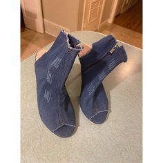 Fabulous Denim Heels! New, Never Worn. Has Design On Both Sides.Black Sturdy Zipper On Inside. These Are So Sexy! Wear With Jeans Or Dresses! Casual High Heel Shoes With Zipper, Casual High Heels With Zipper Closure, Casual Denim Blue Heels With Round Toe, Casual Denim High Heels, Dress Shoes For Women, Pink Suede Pumps, Glasses Outfit, Metallic High Heels, Denim Heels