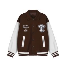 Spruce up your looks by adding the Time is Money varsity jacket to your wardrobe. This unisex brown letterman jacket has a relaxed fit with embroidery on the front and back. Hooded Varsity Jacket With Letter Embroidery For Fall, Fall Hooded Varsity Jacket With Letter Embroidery, Fall Streetwear Outerwear With Letter Embroidery, Oversized Fall Varsity Jacket For College, Varsity Outerwear With Letter Print For Streetwear, Varsity Letter Print Outerwear For Streetwear, Fall College Style Varsity Jacket With Letter Patch, Retro Letter Embroidery Outerwear For Streetwear, Oversized Varsity Outerwear For College