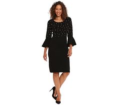 With a splash of simulated pearls and soft sweater-knit fabrication, this festive bell-sleeve dress approaches the moment with sophistication and comfort. From London Times. Bell Sleeve Sweater, Black Sheath Dress, Womens Crewneck, Bell Sleeve Dress, Flared Sleeves, Bell Sleeve, Sleeve Sweater, Sheath Dress, Pullover Styling