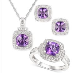 Amethyst: 3-5/8 Ct. T.W. White Topaz: 1 Ct. T.W. Necklace Length: 18" Set In Sterling Silver Earring Diameter: 1/3" Post Back Closure Retail $400.00 Academia House, Amethyst Jewelry Set, Heart Jewellery, Macys Jewelry, Amethyst Stones, Amethyst Jewelry, Ring Pendant, Ring Pendant Necklace, Jewelry Repair