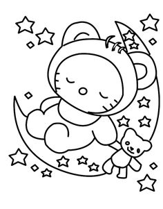 hello kitty sleeping on the moon with stars around her head and eyes closed, in black and white