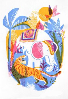 an elephant, tiger and bird are depicted in this colorful illustration