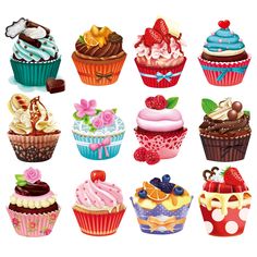 a bunch of cupcakes with different toppings on them, all in different colors