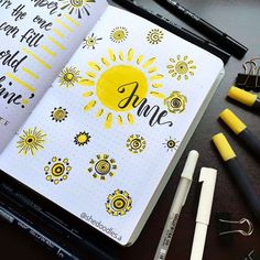 50+ incredible June monthly spreads for your Bullet Journal! Get creative with cover pages with our 5 tips on how to create gorgeous simple and easy pages! #junecoverpage #bulletjournal #bujo #june #doodle #bulletjournalcommunity 2025 Bujo, Sunshine Theme, Bullet Journal Key, Bullet Planner, Yellow Theme, Bullet Journal Themes, Journal Themes