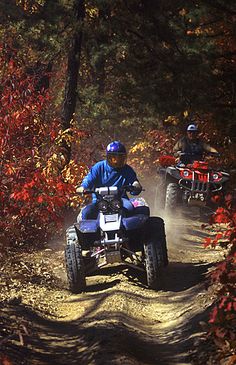 two people riding four wheelers on a dirt road in the woods with red leaves