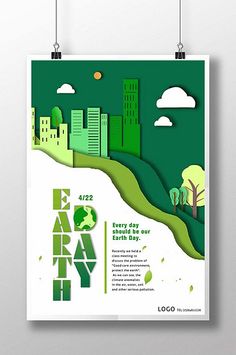 a poster with green cityscape on it and the words earth day written below