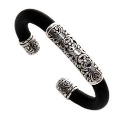 Handcrafted floral motifs in sterling silver adorn this rubber bangle bracelet, presented by Wayan Asmana. Reflecting the rich culture of Indonesia, this piece is made with care by local silversmiths. Ribbon Jewelry, Silver Bangle Bracelet, Sterling Silver Bangle Bracelets, Sterling Silver Bangle, Printed Jewelry, Jewelry Techniques, Silver Bangle Bracelets, Sterling Silver Bangles, Silver Bangle