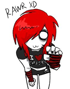 a drawing of a girl with red hair and black shirt holding a bowl of food