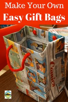 an easy diy gift bag made out of newspaper paper and yarn with text overlay that says make your own easy gift bags