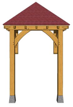 a wooden gazebo with a red roof and shinning on the top, viewed from the side