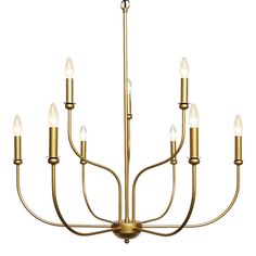 a brass chandelier with six lights hanging from the ceiling