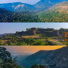 three different views of the same mountain side and on top, there is a road going through it