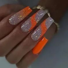 Makeup | Coffin Press On Nails Long Orange Swirl | Poshmark Ongles Bling Bling, Orange And Silver, Nails Orange, Ballet Nails, Nagellack Trends, Ombre Acrylic Nails, Coffin Press On Nails, Nails Glitter, Vacation Nails