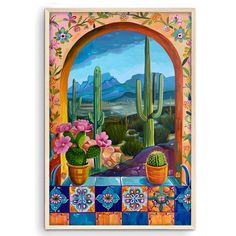 a painting of cactus and flowers in front of a window