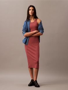 Designed with a fine ribbed texture, this sleeveless dress is made in a body-skimming silhouette. Styled with a crewneck and cut in a midi length. Finished with seaming details for reinforced shape.  Material: 94% Cotton, 6% Elastane. Ribbed Tank Dress, Ribbed Texture, Tank Dress, Midi Length, Sleeveless Dress, Calvin Klein, Dress Outfits, Crew Neck, Texture