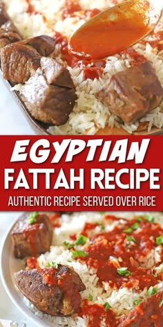 Chunks of meat with a bed of rice and a warm tomato sauce with Pinterest overlay. Fattah Recipe, Egyptian Fattah, Rice And Meat, Middle East Recipes, Meat Dish, Ancient Recipes, Ethiopian Food, Middle Eastern Dishes