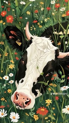 a black and white cow laying in the grass with daisies on it's side