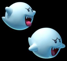 two blue ghost heads with their mouths open and eyes wide open, one is screaming