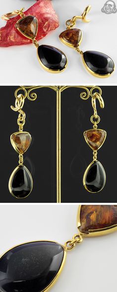 Solid brass and pietersite shield with goldsheen obsidian weights Ear Weights, Solid Brass, Brass, Drop Earrings