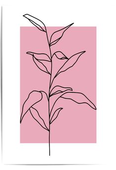 a black and white drawing of a plant on a pink background