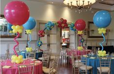 balloons and streamers decorate the tables at a party